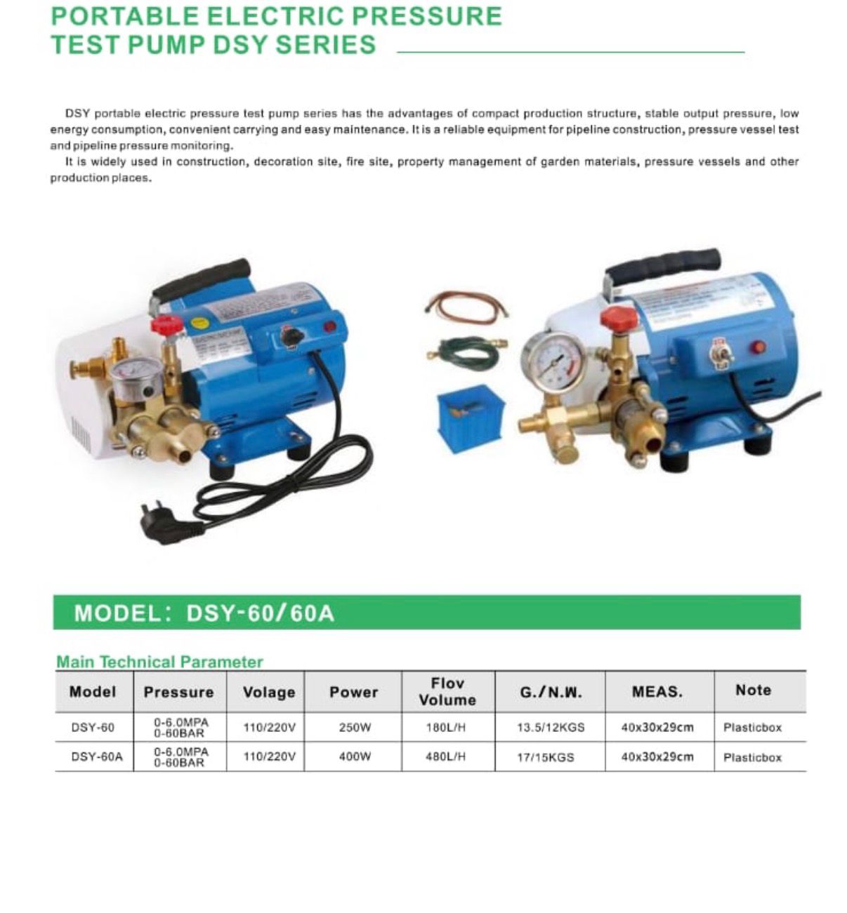 portable electric pressure test pump